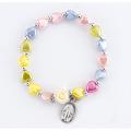  PEARLESCENT MULTI-COLORED HEART SHAPE BEAD BRACELET WITH ROSE AND MIRACULOUS MEDAL 